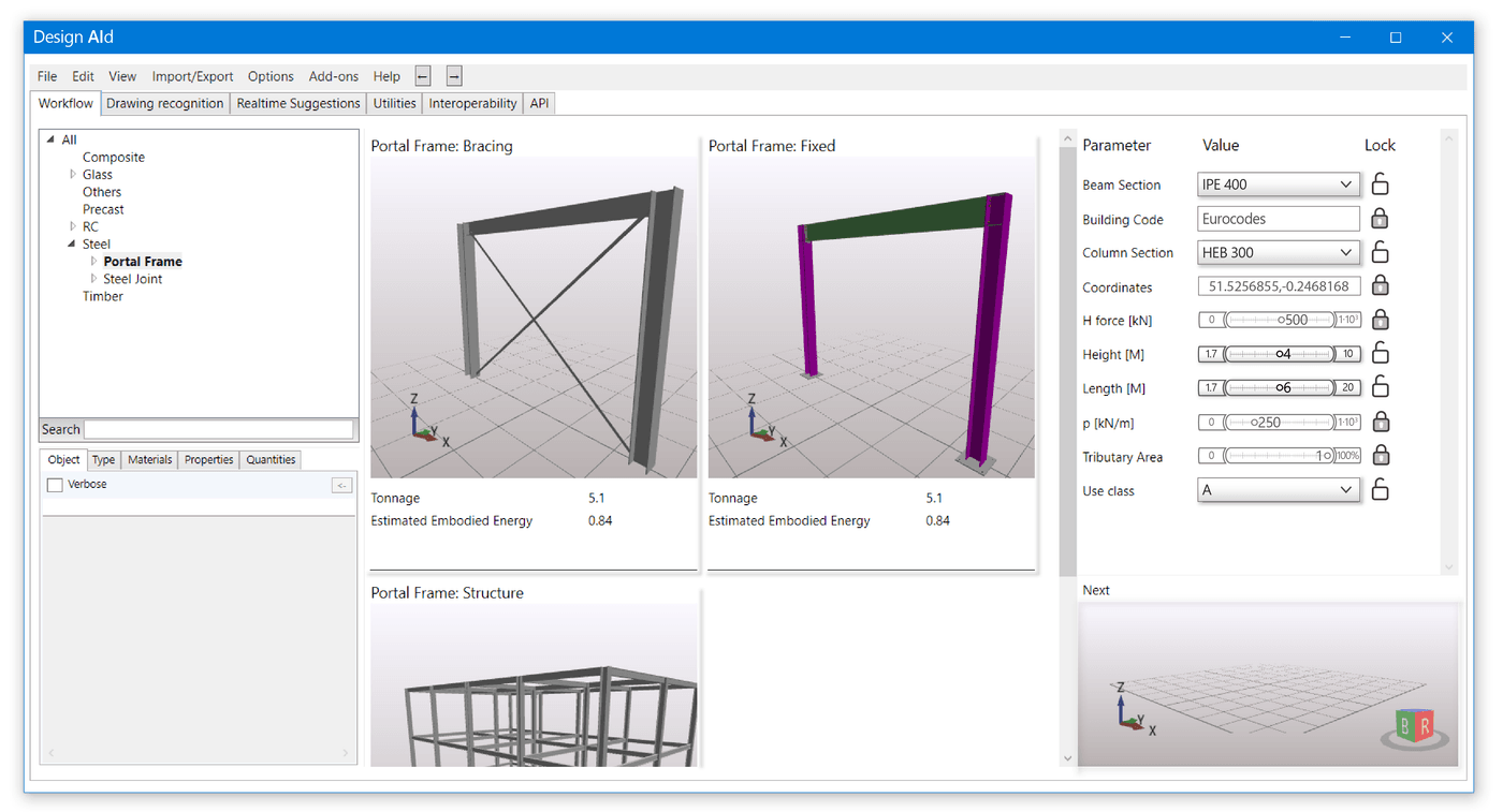 Raphos Design Aid: automated portal-frame analysis with embodied-energy metrics.