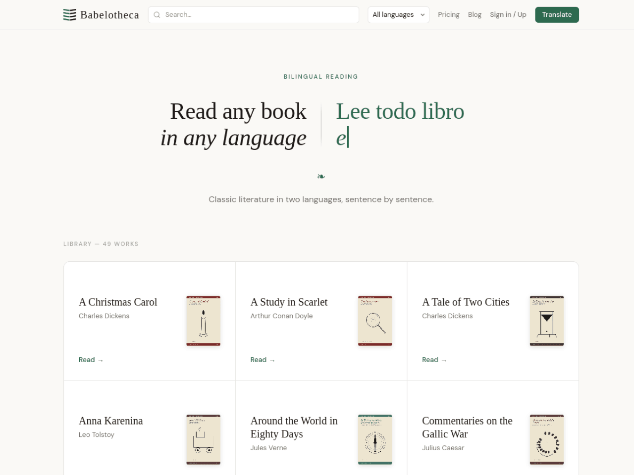 The Babelotheca library — classic literature ready to read in two languages, sentence by sentence