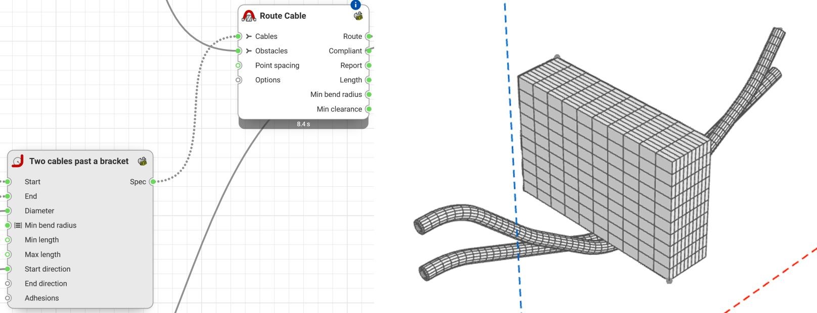 The Route Cable node in Synera bundling two cables past a bracket, bending around the obstacle within their limits