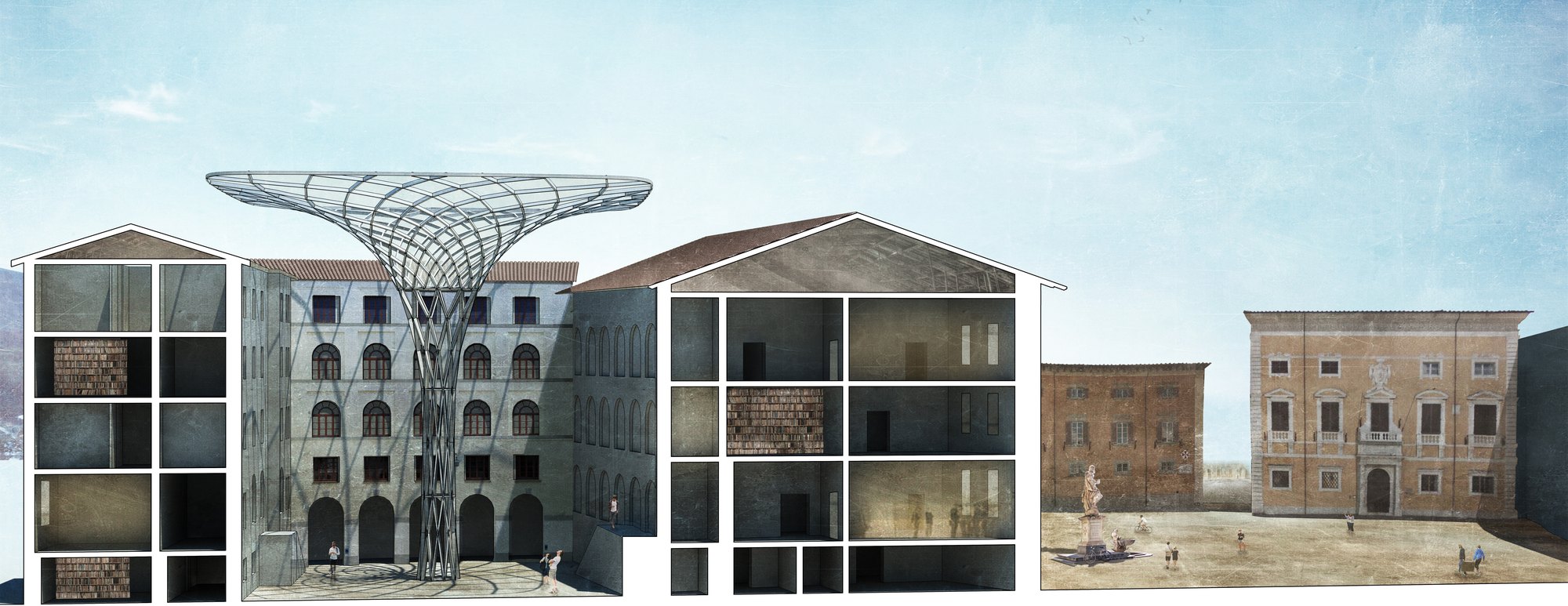 The roof over the Scuola Normale courtyard, shown in section through the surrounding buildings. Render: Claudio Campanile