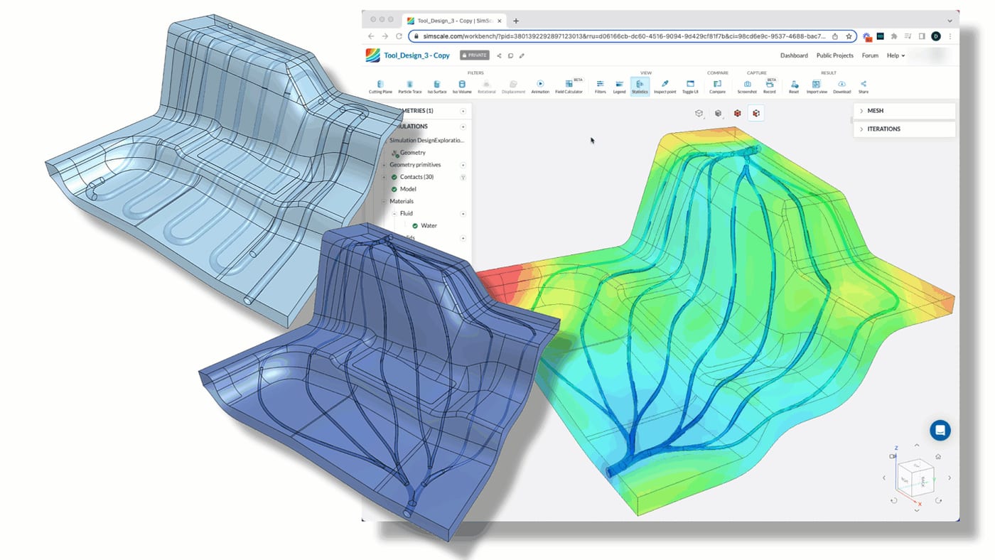 A conjugate-heat-transfer CFD result on cooling channels, run on SimScale from a Synera workflow